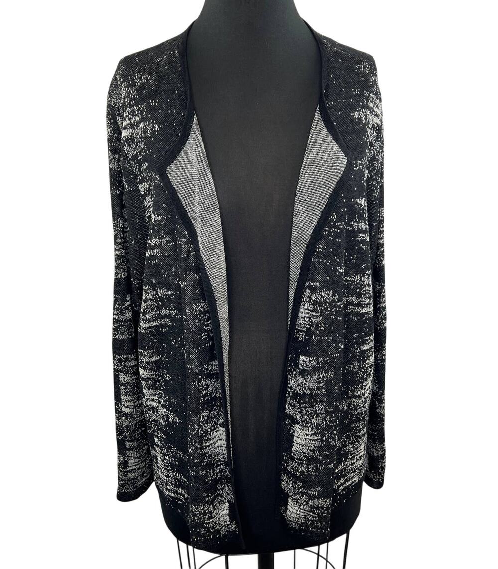 EILEEN FISHER Black White Printed Organic Cotton Draped Open Front Cardigan XL